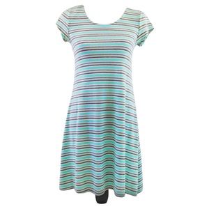 No Comment Women’s Teal Striped Short Sleeve A-Line Skater Dress Small EUC